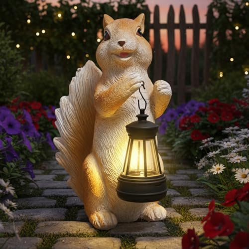 lifemet Solar Eichhörnchen Gartenfigur mit Solar-Laterne, Gartendeko | Niedliches Eichhörnchen Design Mit Solar-Laterne | Wetterfeste Gartendeko Für Garten, Balkon Und Terrasse