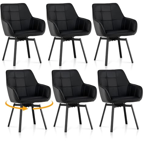 TUKAILAI 6er Set Esszimmerstühle Drehbar Kunstleder mit Armlehnen, Schwarz | Drehstuhl esszimmer,Rückenlehne,Armlehnstuhl,Gepolsterter Sitz, Metallbeine, Für Küche