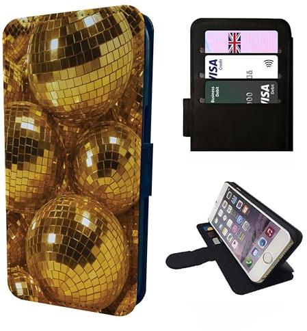 Disco Balls Wallet Phone Case – Compatible with iPhone SE, 7, 8, X, XR, 11, 12, 13, 14, 15, 16, 17 (Plus, Mini, Pro, Max Models) – Faux Leather Flip Cover with Card Slots Retro Party Ball 1970 Black