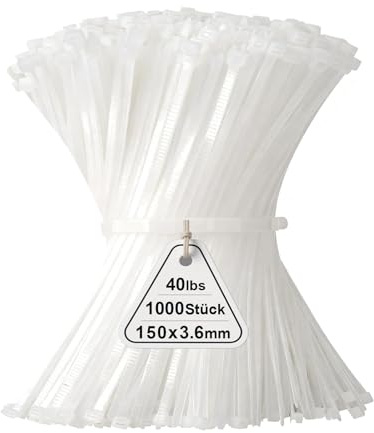 1000 Stück Kabelbinder Weiß, 150mm x 3,6mm Industrie Cable Ties, Mehrzweck UV-Beständig Langlebig Klein Nylon Selbstsicherndes Zip Tie mit 18kg für Gartenarbeit, Hause, Büro, Werkstatt und den Auße