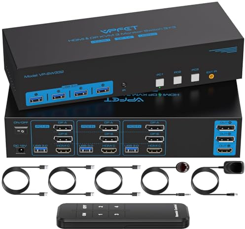 4K144Hz HDMI + 2 Displayport KVM Switch 3 Monitors 3 Computers 8K USB 3.0 KVM Switches Triple Monitor for 3 Computer Share 3 Screens and 4 USB 3.0 Ports Support Extended/Copy Mode