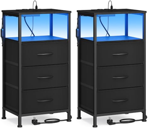 SONGMICS Sängbord med Laddstation och LED, 3 Lådor, 2-Pack | Nattduksbord, 39,6 x 30 x 75,9 cm, App-Kontroll, Bläck Svart, BELLAH Collection, LGS203B102