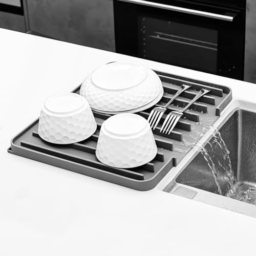 KitchenRaku Fast Drainage Design Silicone Dish Drying Mat, Grey, 40x33cm | 230°C Heat Resistant, Upgraded Straight-Line Fast Drainage Design, Ideal for Dish Drying, Heat Trivet, Dishwasher Safe