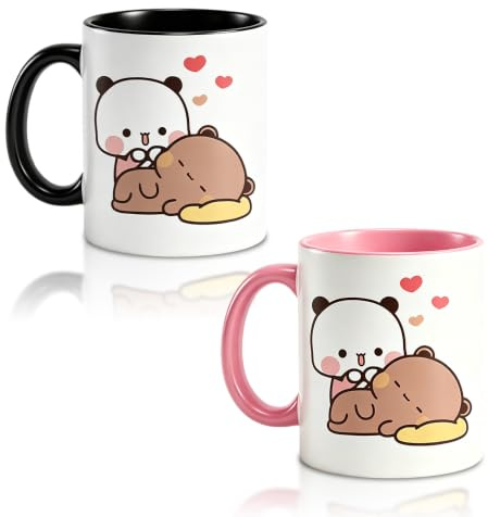 HOVCEH 2 Piezas 330ml Bubu Dudu Taza de Cerámica, Tazas de Dudu y Bubu para Té y Café, Tazas de Café Impreso de Oso y Panda, Regalo Divertido