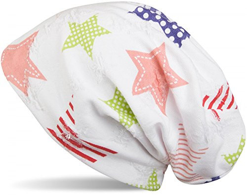 styleBREAKER Crazy Destroyed Beanie Mütze mit bunten Sternen in Punkte und Streifen Optik, Damen 04024059, Farbe:Weiß/Mehrfarbig - Apricot