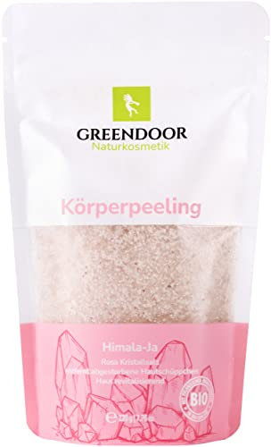GREENDOOR Rosa Kristallsalz Scrub Himala-ja 220g vegan, Duft: Bio Kardamom, natürliches Körperpeeling anti Falten/entfernt Hautschüppchen, Natur-Peeling Haut-Pflege gegen Cellulite, Naturkosmetik