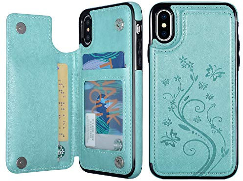 UEEBAI Case for iPhone XS Max,Luxury PU Leather Case [Two Magnetic Clasp] [Card Slots] Stand Function Butterfly Flower Pattern Durable Soft TPU Shockproof Wallet Cover for iPhone XS Max - Mint Green