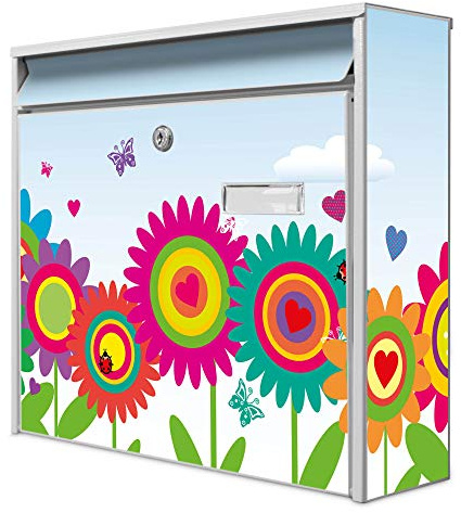 banjado Burg-Wächter Briefkasten mit Motiv Bunte Blumen - Briefkasten ohne Zeitungsfach 32x36x10 cm groß mit Namensschild A4 Einwurf inkl. Montagematerial & 2 Schlüsseln