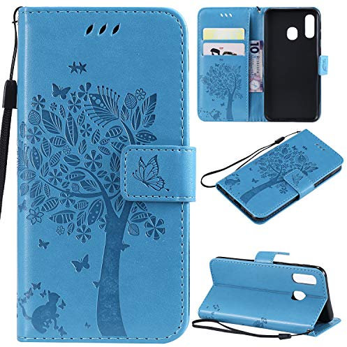 Zchen Cover per Samsung Galaxy A40, custodia a portafoglio in pelle PU, a portafoglio, pieghevole, con coperchio pieghevole, per Samsung Galaxy A40 (gatto blu)