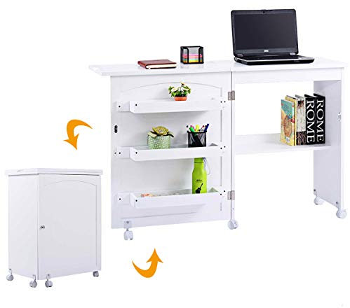 DREAMADE Nähtisch Nähmaschinenschrank Faltbar, Nähschrank Nähmöbel, Mehrzwecktisch mit 4 Rollen (Weiß)