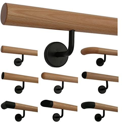TIBU Buche Holz Handlauf Geländer 30-500cm im Set schwarze Halter Wandhandlauf Wand Treppe, Länge 70 cm mit 2 Halter Enden gefast