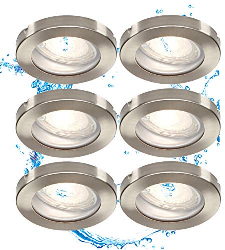 Trango 6er Set 6729IP65-062M6KSD IP65 LED Einbaustrahler aus Edelstahl gebürstet incl. 6x 6000K Tageslicht Weiß (kaltweiß) dimmbar Ultra Flach LED Modul für Bad, Dusche, Deckenstrahler, Deckenlampe