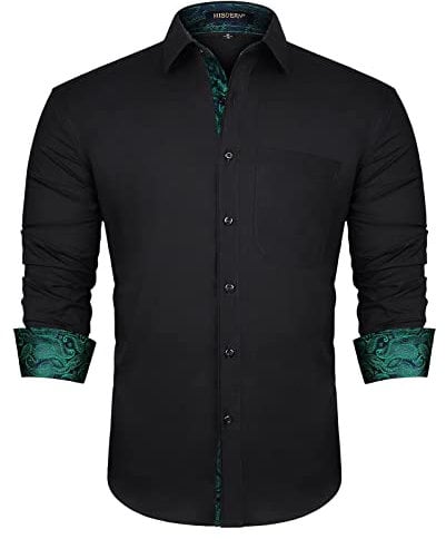 HISDERN Men's Inner Contrast Shirt Casual Formal Classic Button Down Dress Shirts Long Sleeve Paisley Collar Regular Fit