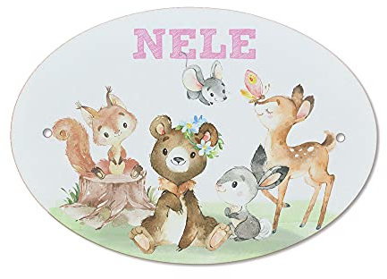 FEENSTAUB Türschild Kinderzimmer Babyzimmer mit Name personalisiert, Tiere, Namensschild Tür, Schrank, Türnamenschilder Kinderzimmer, Türbeschilderung, ovales Schild Kunststoff, Türdeko