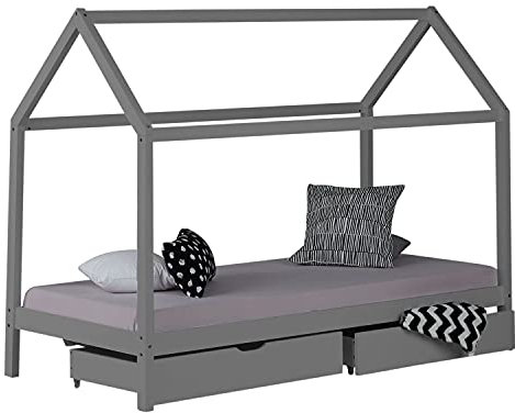 Homestyle4u 1993, Hausbett 90x200 mit Schublade Kinderbett Montessori Bett Bodenbett Holzbett Grau Holz