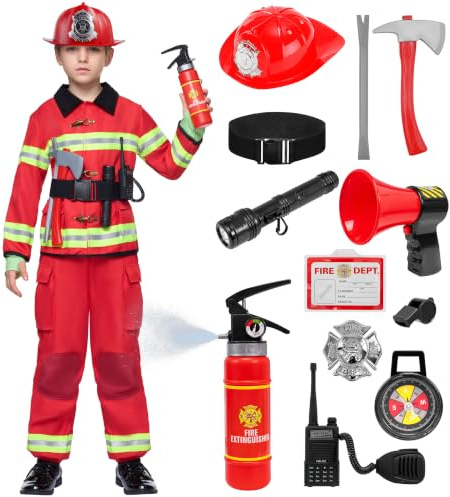 Spooktacular Creations Feuerwehrmann Kostüm, Kinder Feuerwehr Rollenspiel Set mit Feuerlöscher, Feuerwehrhelm, Feuerwehrmann Spielzeug, Feuerwehrmann Verkleidung für Jungen Mädchen Karneval Halloween