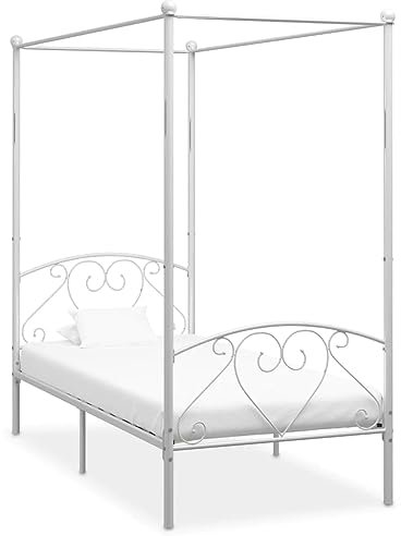 vidaXL Cadre de Lit à Baldaquin Lit Double Lit Adulte Lit Coffre Sommier à Lattes Chambre à Coucher Maison Intérieur Blanc Métal 120x200 cm