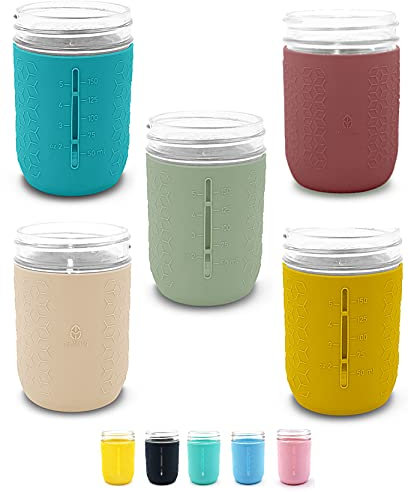 minliving Silikon-Einmachglas-Hülle, für Kinder, Becherhalter, rutschfest, passend für 227 ml (8 Unzen) normale Mund-Gelly-Einmachgläser, Kugel- und Kerr-Gläser (5, geschlechtsneutral)