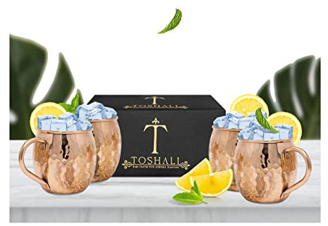 Toshali Lot de 4 Verres à Cocktail en Cuivre avec Doublure en Acier Inoxydable Plaqué Cuivre pour Moscow Mule