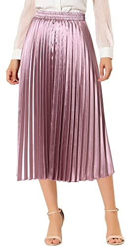 Allegra K Damen Weihnachten Party Elastische Taille Metallic Glänzend Akkordeon Plissee Midi Rock, Rose Purple, Klein