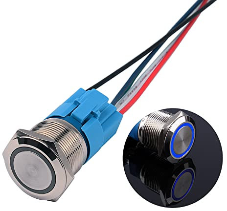 JIQI 22mm Momentane Metall Druckschalter 12V bis 24V 5A Momentary LED Tastenschalter IP66 1NO1NC wasserdichte vorverdrahte EIN/AUS Taste Schalter für Fahrzeugmodifikation Wohnmobil DIY(Blau)