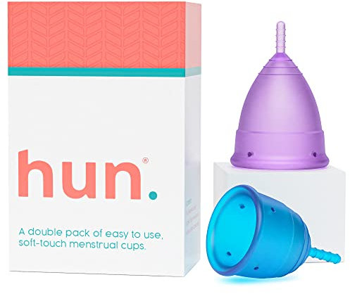 Hun Menstrual Cups – 2 Pack, Small and Regular, Soft Medical-Grade Silicone, Reusable Period Cup, 12-Hour Leak Protection