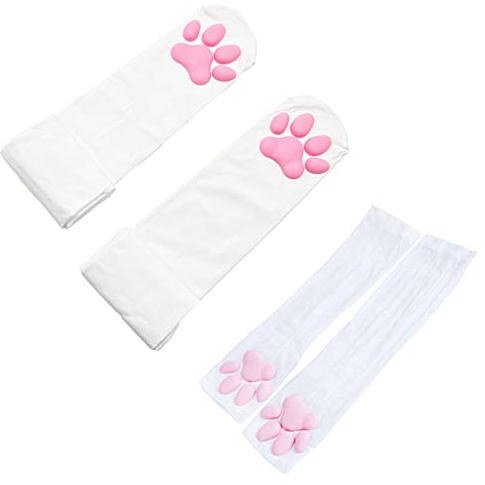 Chaussettes hautes de cuisse de coussin de patte de chat, bas élastiques roses de griffe de chaton 3D chaussettes de cosplay de coussin de patte de chat mignon pour des filles des femmes(blanche-1)