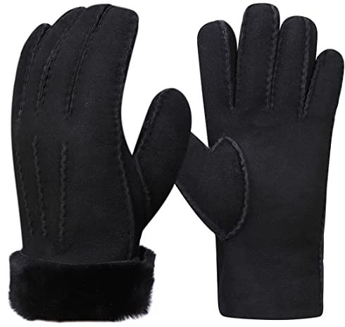 Harssidanzar Lederhandschuhe Damen,Wildleder Lammfell dicke Wolle gefüttert beheizt Warm Winter kaltes Wetter Kleid Fahrhandschuhe KL025EU,Schwarz,Größe XL