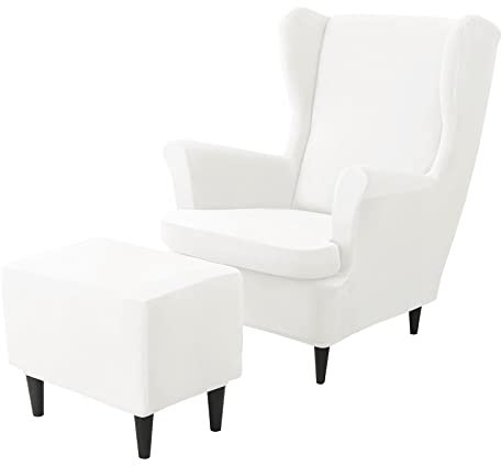 JHLD Stretch Husse für Ohrensessel Mit Ottomane Schonbezug, Samt Husse für Ohrensessel 2 Stück Ohrensessel Schonbezug 1 Stück Ottomane Bezug -Weiß-3 Stück