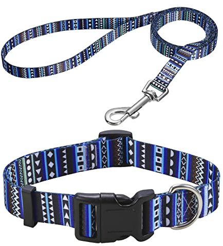 Mihqy Hundehalsband und Leine Set, Verstellbares, Weich & Komfort Nylon Hunde Halsband für Kleine Mittlere Große Hunde Welpen Katzen(Böhmische Blau Set,S)