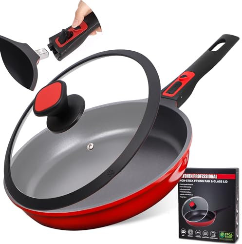 diig Antihaft Pfanne 28cm, Bratpfanne Flachpfanne mit Deckel, Aluminium Gusspfanne mit abnehmbarem Stiel, backofenfest, anthrazit Chefkochpfanne, für Induktion und alle Herdarten, Juwelenrot