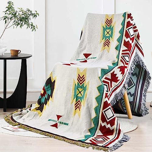 Manta de Sofá 90x150cm, Doble-Cara Boho Manta de Cama de Punto de algodón con Borlas, Multifuncional Manta Decorativa de Colcha, Manta de Sillón, Manta de Camping, Manta de Picnic al Aire Libre