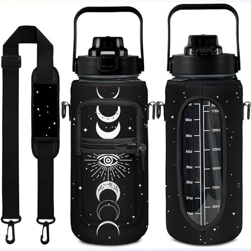 Mkagtho Goth Moon Wasserflasche mit Hülle, 1,8 l Wasserflasche mit markierten Maßen, auslaufsichere Trinkflasche, Sportwasserflasche, BPA-frei, 1,8 l Wasserkrüge
