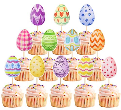 Blumomon 24Pcs Easter Eggs Cupcakes Glitter Happy Easter Cupcake Toppers Egg Cupcake Toppers for Easter Party Cake Decorations
