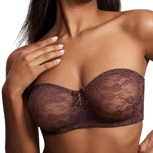 DOBREVA Women's Strapless Bras See Through Sheer Lace Non Padded Underwired Multiway Bra Hazelnut 40C