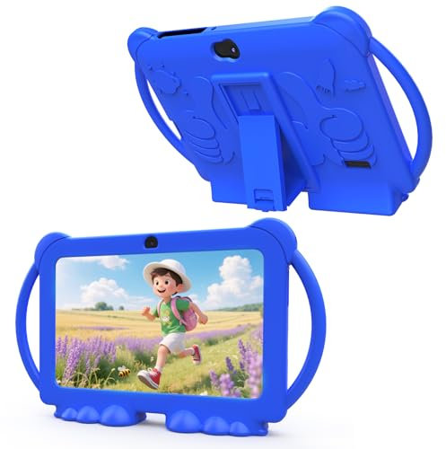 HOTTABLET Kids Tablet 7 inch Android 12, 4GB RAM 32GB ROM, 512GB Expandable, with Parental Control, WiFi, Bluetooth, Dual Camera with Silicone Case, 1PCS(Blue)