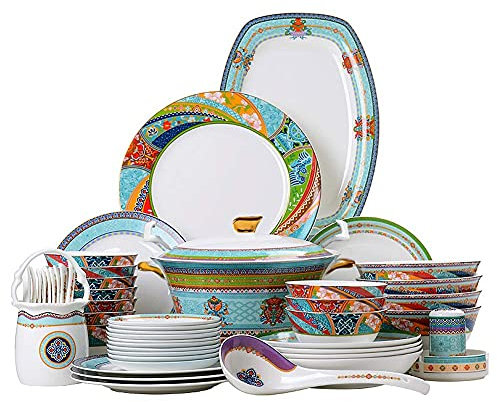 Service de table en porcelaine Fiesta colorée, plats/assiettes et bols en céramique, passe au micro-ondes, au four et au lave-vaisselle, ensemble standard de 60 pièces