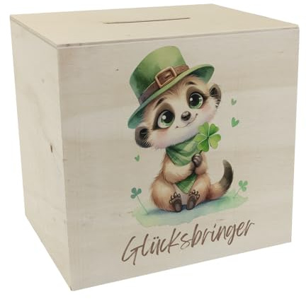 Erdmännchen Glücksbringer Spardose aus Holz niedliches süßes Tier mit Kleeblatt in der Hand ideal für pflanzenliebende Freunde grün und verspielt
