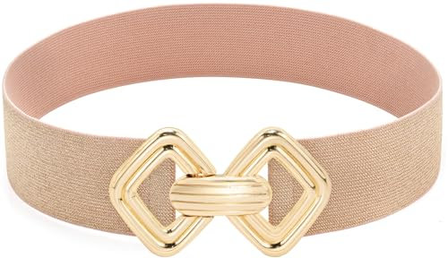 Initlove Cintura elastica da donna con fibbia dorata per abiti, Bling Rosa Cinturino Fibbia Oro, Fat Waist 28-30