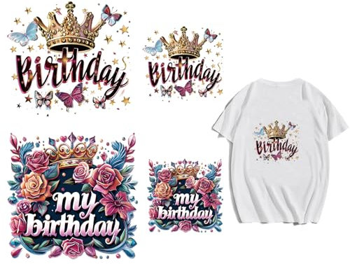 arricraft 4 Sheets My Birthday Iron on Decals Patches, 4 Sizes Crown Flower Butterfly Iron on Stickers PET Washable Heat Transfer Sticker for DIY T Shirt Jacket Birthday Decor