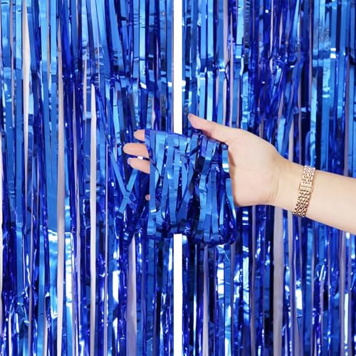 2 PCS 3.2ft x 6.5ft Foil Curtain Decorations, Tinsel Curtain Party Backdrop, Tinsel Curtain, Foil Fringe Curtains Streamers Backdrop for Birthday Graduation Wedding Festivals(Dark Blue)