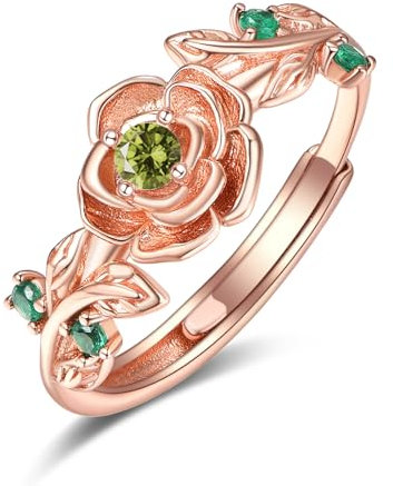 Zeuslia Rosegold Rose Ringe Silber 925 Verstellbar Peridot Ring Mit Geburtsstein August Schmuck Geschenke für Damen Frauen