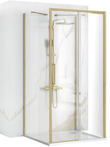 Rea Box Douche à Paroi Rapid Slide Brush Gold 100x90 Cabine de Douche sans bac à douche en verre de sécurité trempé Transparent 6mm (Or brossé) porte: 100 paroi: 90 cm