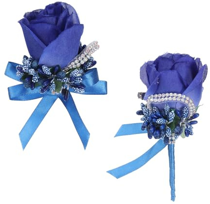 sourcing map Set di bouquet da polso e fiore all'occhiello artificiali fatti a mano, per spose, fiori e asole, da uomo, per sposo, anniversario di matrimonio, blu zaffiro