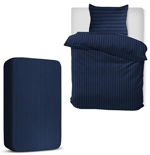 MOONLIGHT20015 Single Duvet Cover Set 3 Piece Satin Stripe Duvet Covers Soft Brushed Microfiber Bedding Set with Fitted Sheet & 1 Pillow Case (Navy, 135x200 cm)