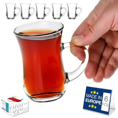 Hakan Istanbul - Set di 6 bicchieri da tè turco con manici, tazze da tè turche in vetro trasparente, set di tazze da tè moderne per bevande calde e fredde, con scatola speciale