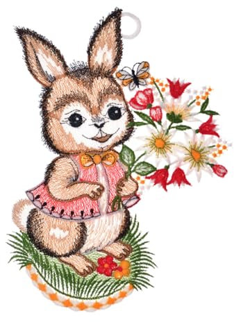 Fensterbild Ostern Plauener Stickerei farbig Osterhase mit Blumen 24x16 cm