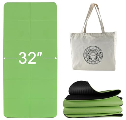 Yogamatte Faltbar, 183cm L x 81cm B, Faltbare Yoga matte Rutschfest für Reise mit Tragetasche aus Segeltuch, TPE Sportmatte Fitnessmatte Pilates matte Mehreren Szenarien Anwendbar (Schwarz Grün)