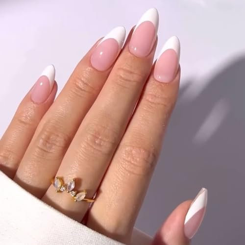 24Pcs False Nails Medium Almond, French White Tip Press on Nails Nude Pink Fake Nails, Reusable Acrylic Nails Full Cover Glue on Nail, Removable Stick on Nail for Women Girls Daily Wear 12 Sizes