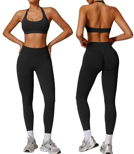 Gym Sets for Women 2 Piece Halter Backless Sports Bras Hidden Scrunch Leggings Seamless Yoga Workout Outftis Tracksuits Set